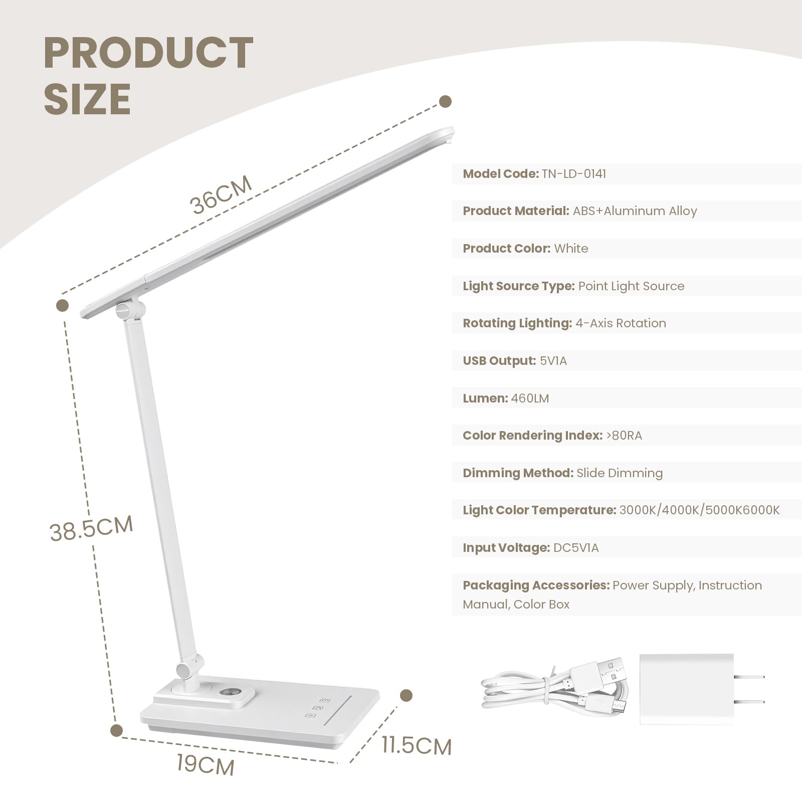 TECHNOVA LED-Schreibtischlampe mit 5 Farbtemperaturen, stufenloses Dimmen und One-Touch-Timer, faltbares und tragbares Design für Büro/Studium/Nagelkunst, USB-Aufladung und Vier-Achsen-Rotation für