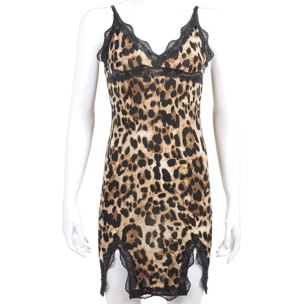 Mujer Sexy Color Negro Sensual y Elegante Fina Lenceria para DamaMujeres Ropa de Dormir Sexy Dama con Cuello en v Leopardo Encaje Honda Sexy Camisones Mujeres lencería