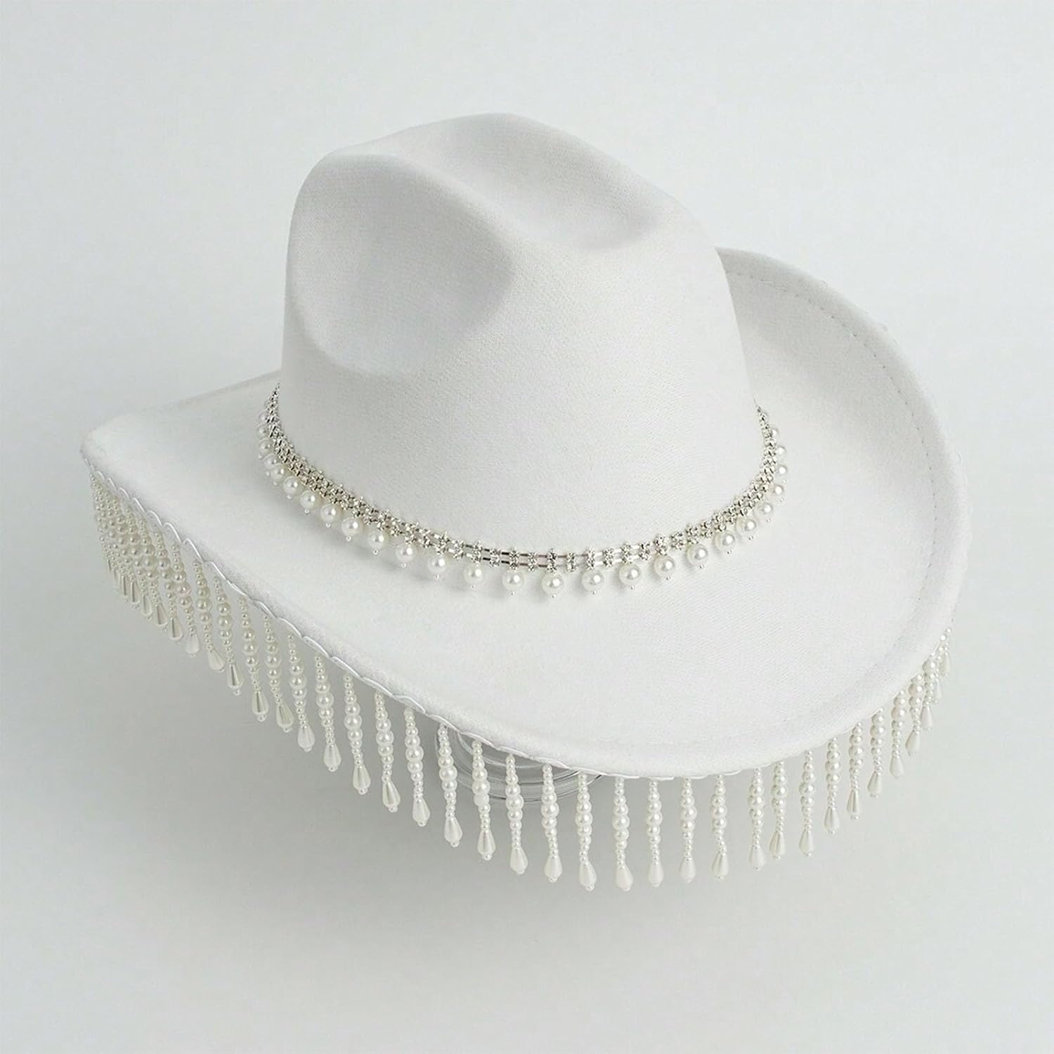 Pearl Embellished Cowboy Hat with Crystal Tassels Hand Beading Carnival Music Festival Hat Gift Box