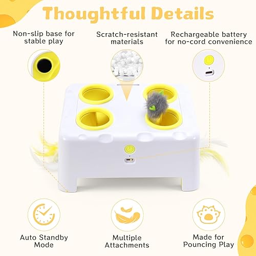 Miniatura 2 de Interactive Cat Toy for Indoor Cats, 3 Modes Feathers Toy, Rechargeable 4 Holes Mole Cat Toys, Cheese Box for Kitten, 4 Accessories (White)