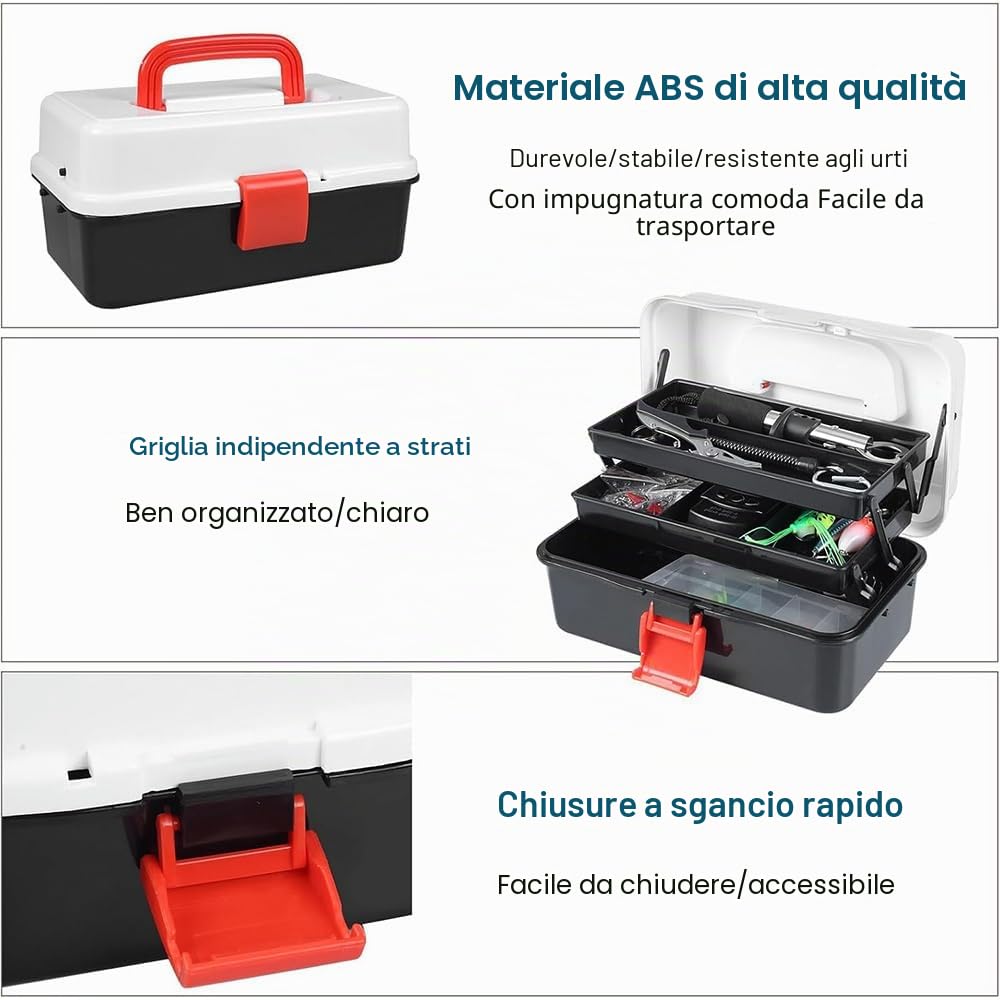 Set di 213 accessori da pesca, 3 strati, con accessori, set di attrezzi con clip per labbra, rimozione di ganci, acqua dolce salata, attrezzatura da pesca adatta per bambini, adulti, principianti