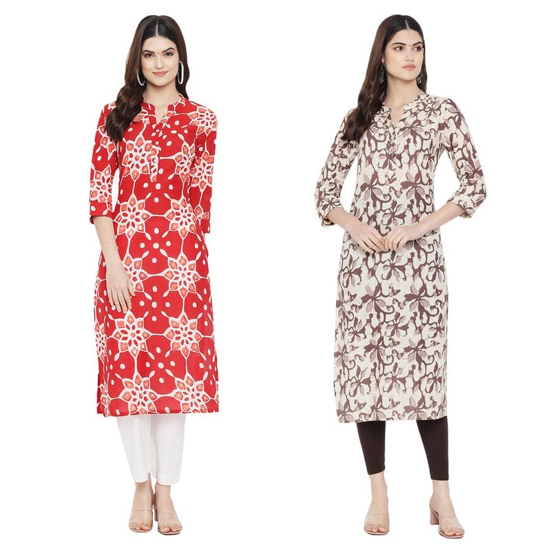 Pinkmint Women Cotton Printed Kurta Stylish Regulr Fit Girl's Combo Kurta Ll Regular Fit Combo Kurta (Pack Of 2) Red-Cream