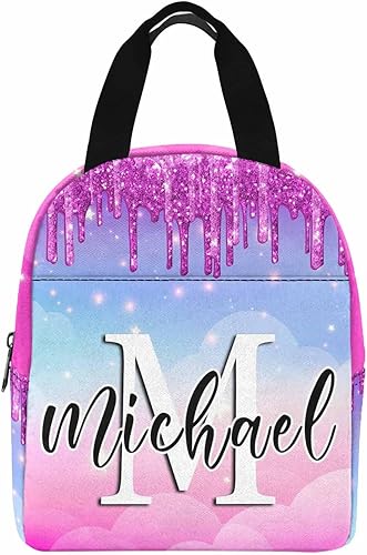 Miniatura 6 de Bolsa de almuerzo personalizada para niños con nombre, amarillo, naranja, puntos brillantes, degradado, aislada, con 2 bolsillos, bolsas de almuerzo