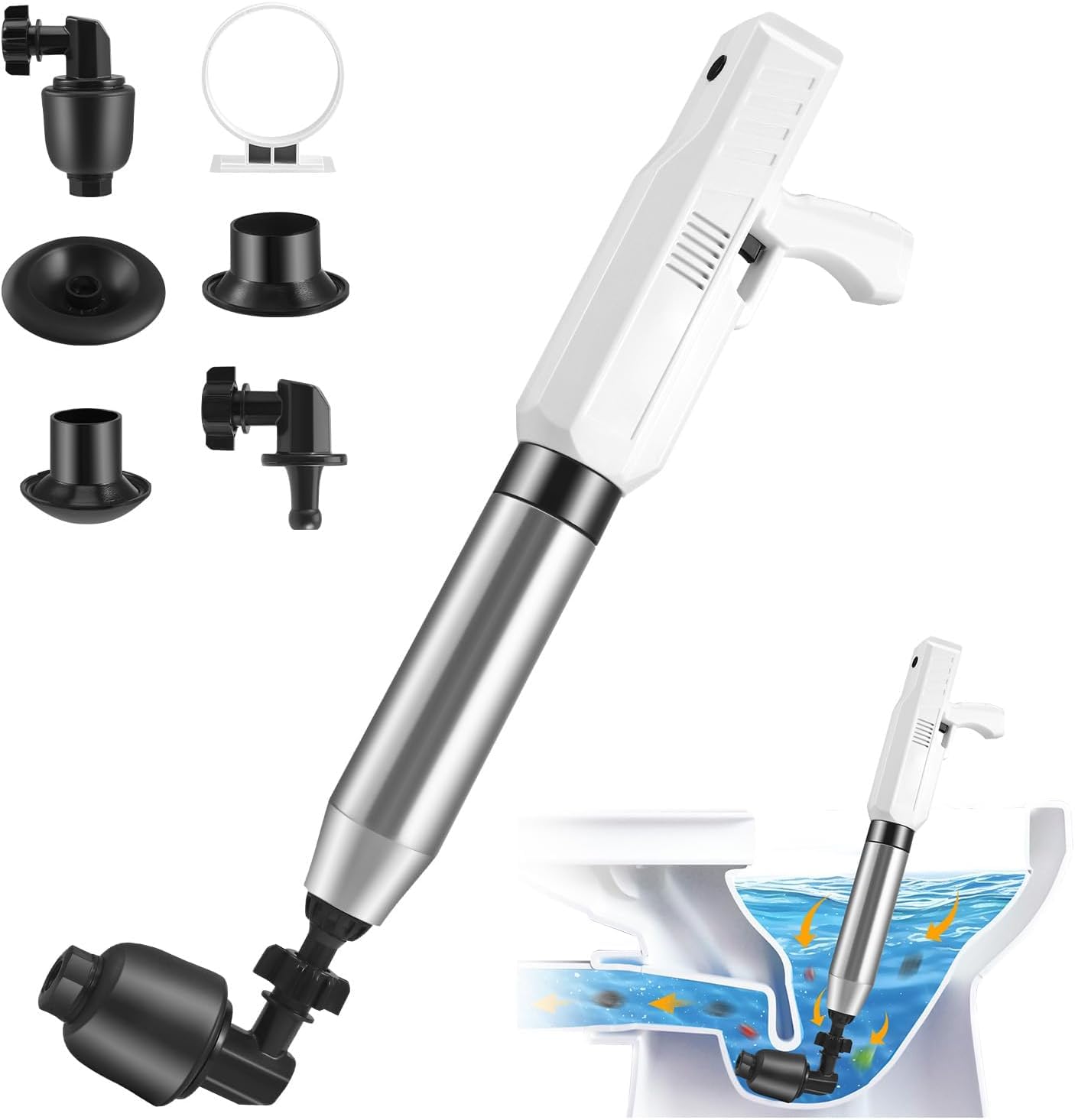 Desatascador Eléctrico de Inodoro con 4 Adaptadores, Bomba de Aire Comprimido 0-8bar, Desatascador Tuberías a Presión con Manómetro, para Inodoro Lavabo Ducha