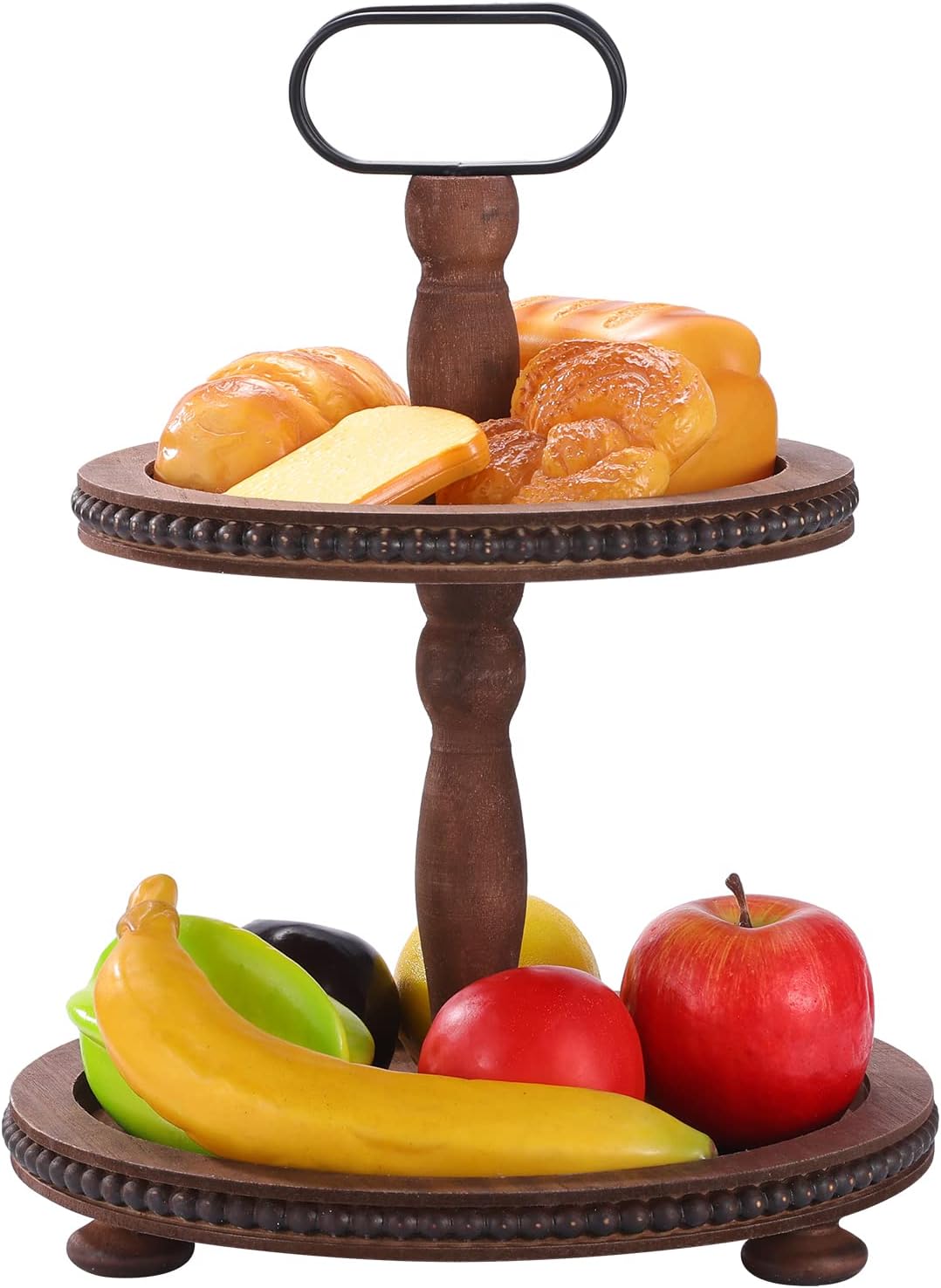 Urban Deco Wooden Decorative Tray Two Tiered Trays Decorations Round Serving Tray with Metal Handle, Wooden Cupcake Stand for Party Tiered Dessert Stand - Dark Brown Farmhouse Wood Tray