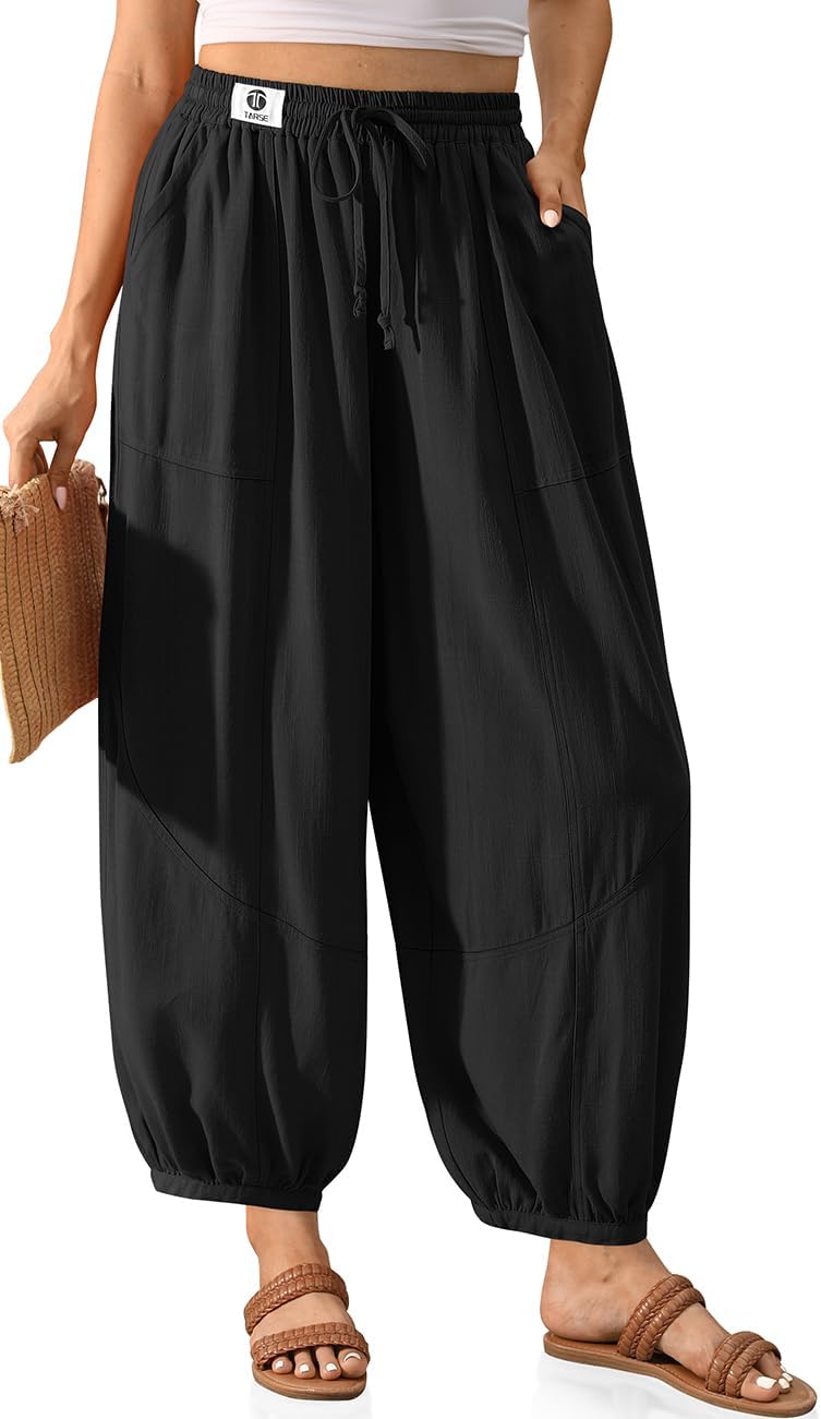 TARSE Womens Linen Barrel Harem Pants Casual Wide Leg Baggy Drawstring Boho Summer Beach Palazzo Travel Pants