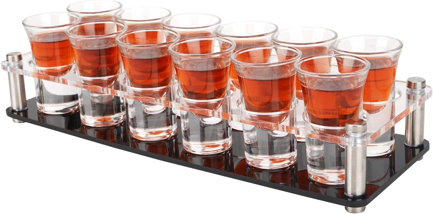 1 Ounce Shot Glass Set with Tray, 12 Shot Glasses for Tequila/Vodka/Whiskey/Cocktail, Unique and Convenient Serving Tray - Easily Organize More Attractive Gatherings, Ideal 21st Birthday Gifts