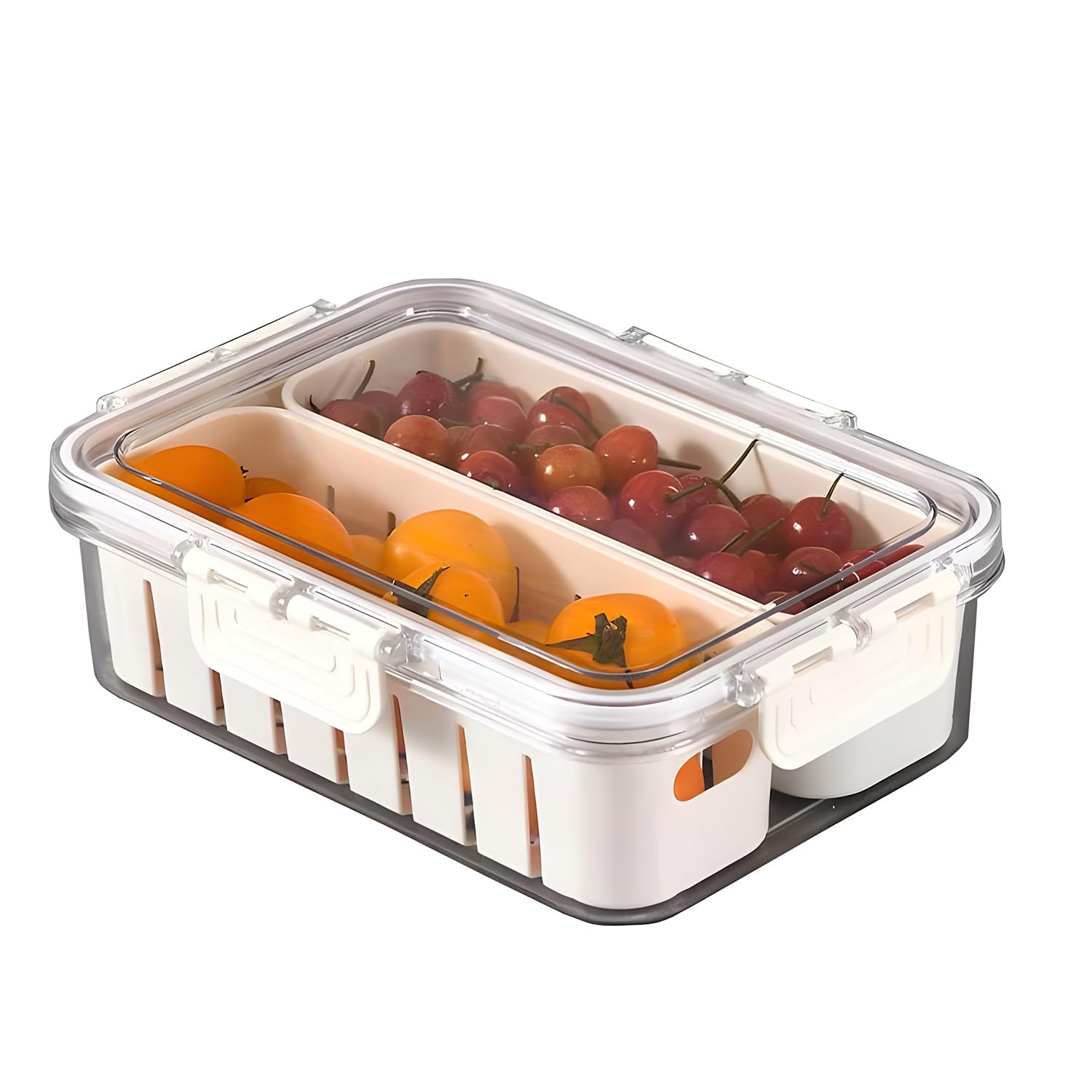 JoyzzzRefrigerator Organizer Bins with Lids, Refrigerator Food Storage Container with Two Removable Baskets，Portable Airtight Fruit Storage Container with Lid, Suitable for Storing Fruits, Food