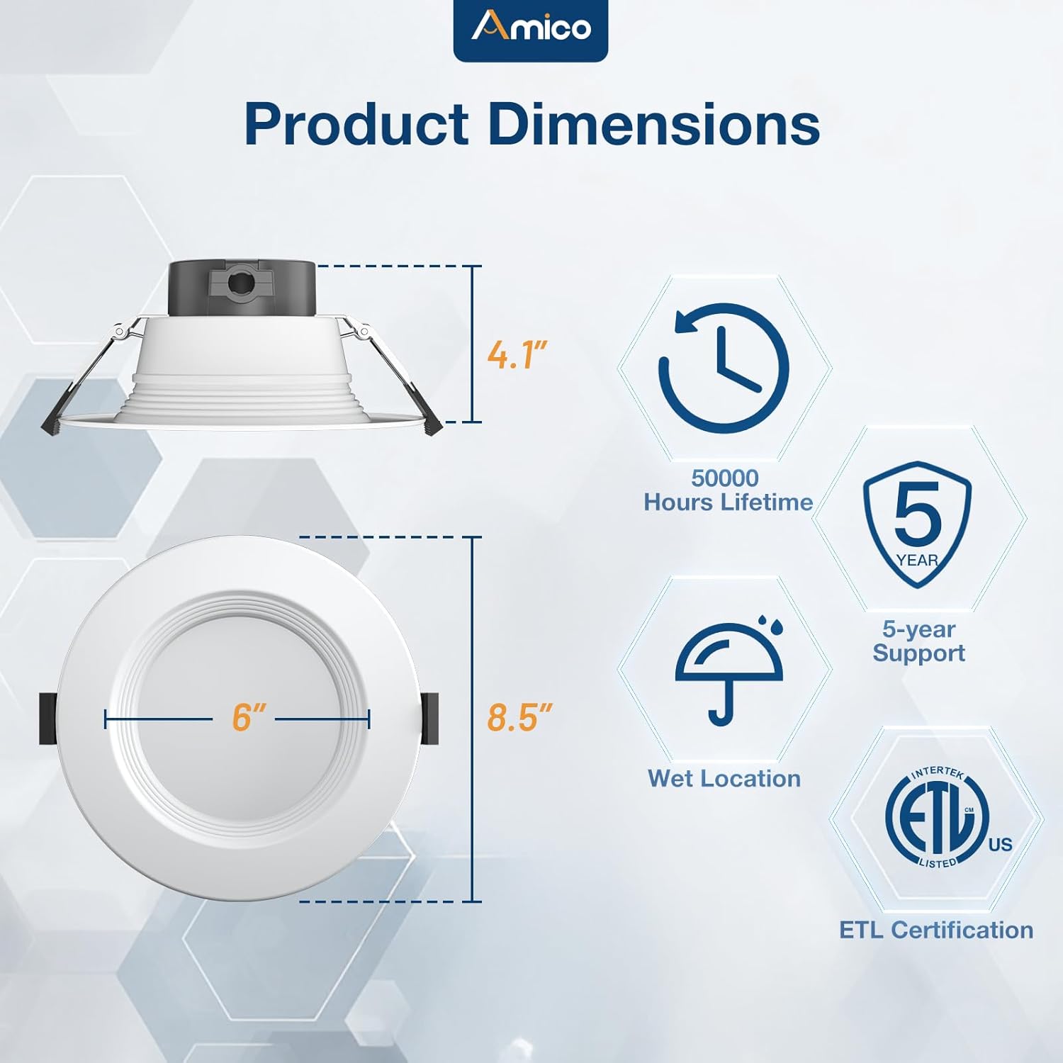 Amico 6 Inch Commercial LED Recessed Downlight, 12W/17W/22W Adjustable, 5CCT (2700K-5000K), 120-277V, CRI 90+, 0-10V Dimmable, Canless Ceiling Light, ETL & FCC Certified