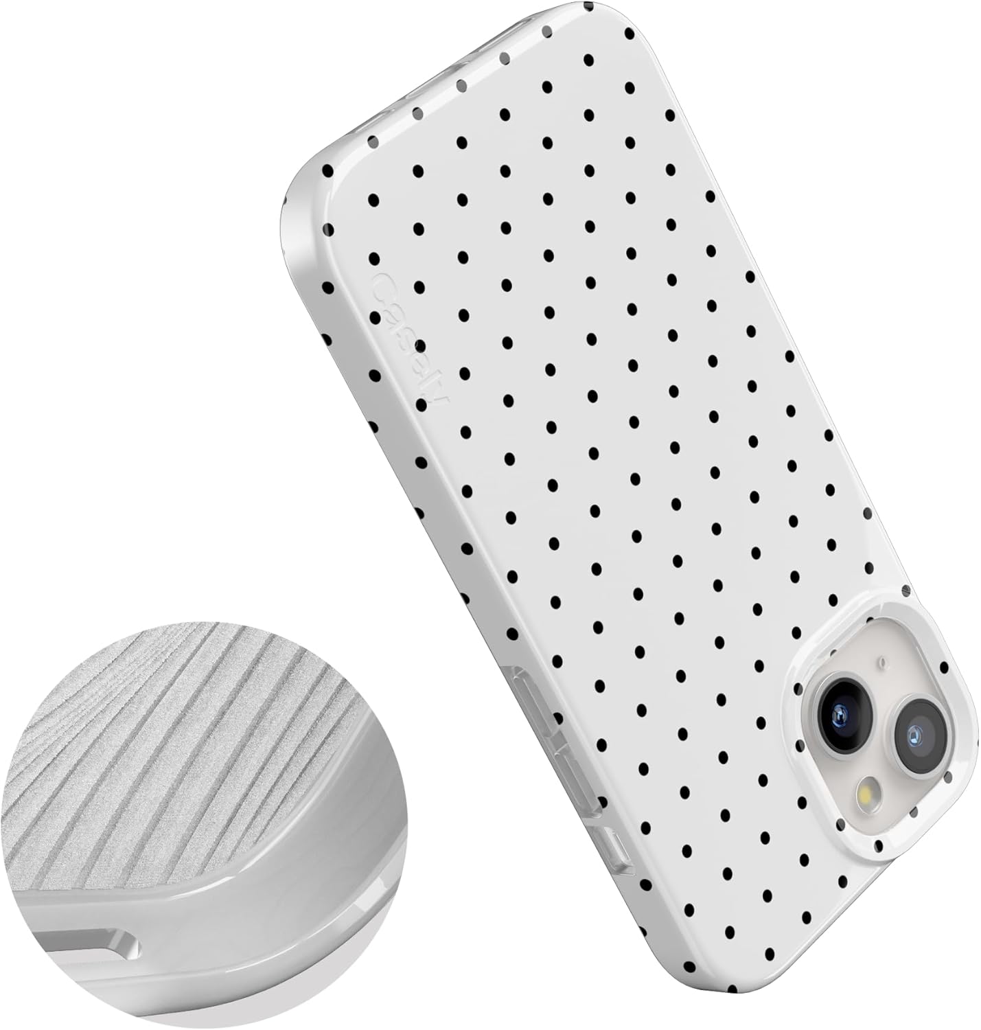 Casely iPhone 15 Plus Case | On the Dot | White Polka Dot | Compatible with MagSafe | Classic Ultra Slim Design