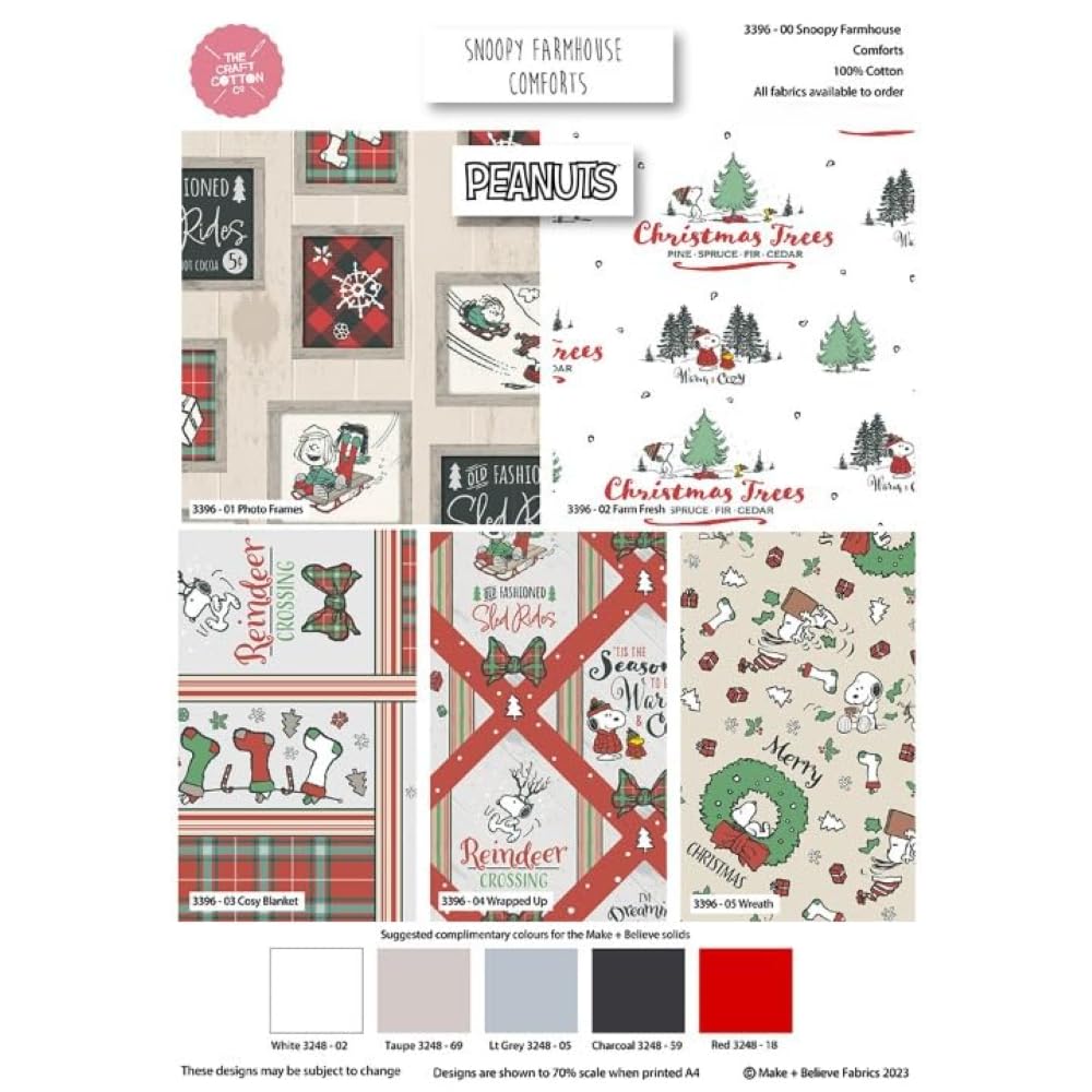 Snoopy Farmhouse Comforts Peanuts 100% Cotton Christmas Fat Quarter (45x 55cm) Fat Quarter Bundle for Crafting, Patchwork, Kid's Craft