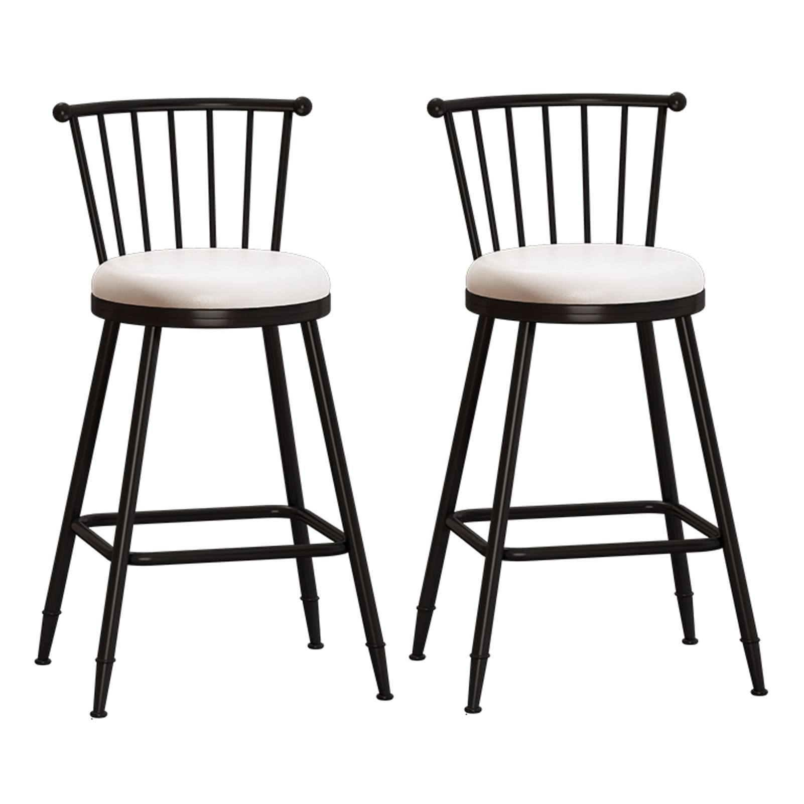 KLZUOPT Luxury Barstool Faux Leather High Bar Stool Breakfast Stool with Backrest Black Metal Legs Counter Chair for Pub, Bar, Restaurant or Home 2Pcs,White Cushion,65cm Sitting Height