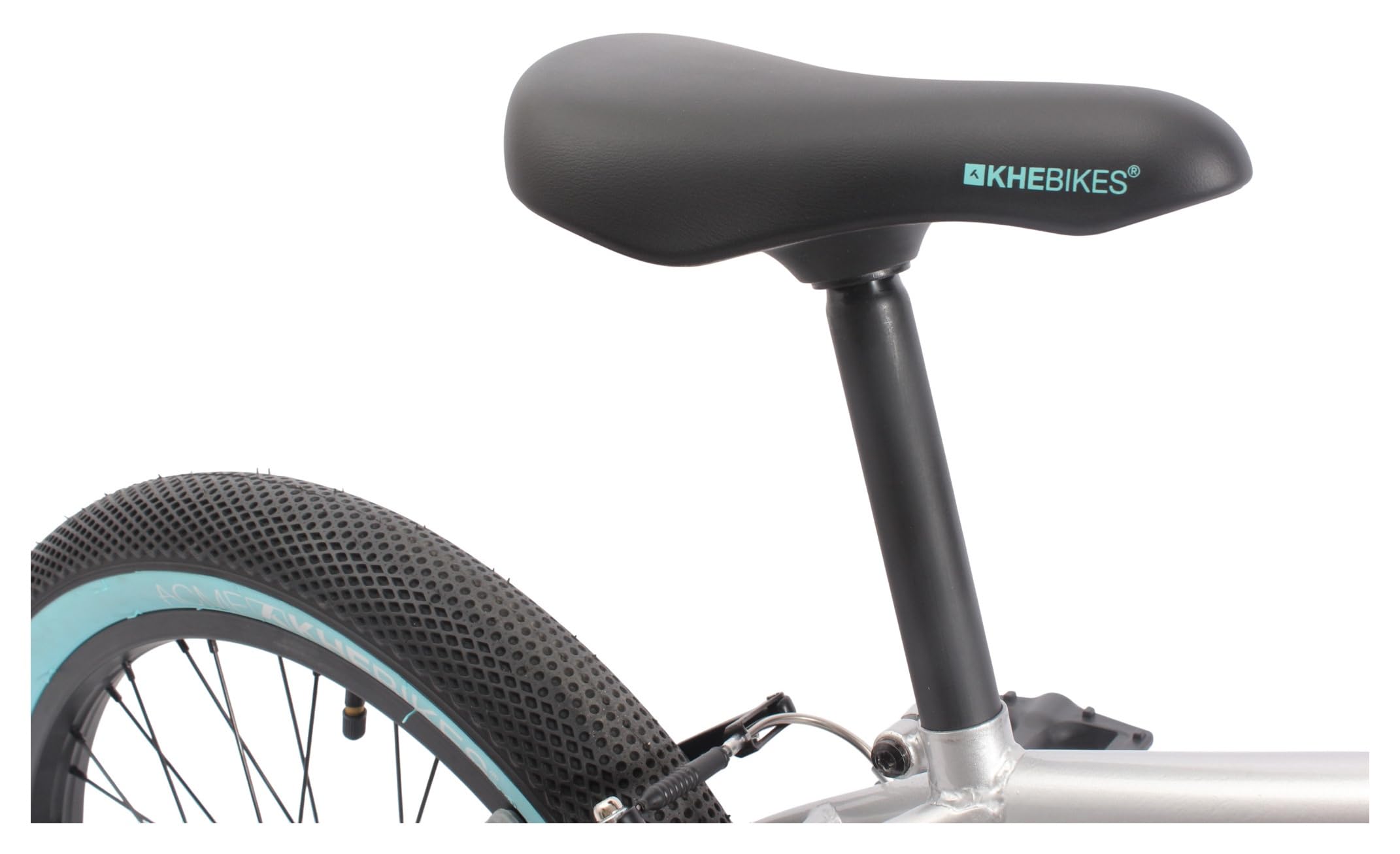 KHE Park Vélo BMX 20", léger, 11,1 kg, Freestyle Bike pour débutants et confirmés, freins en V, tube supérieur de 19,5", argenté/turquoise, modèle 2025