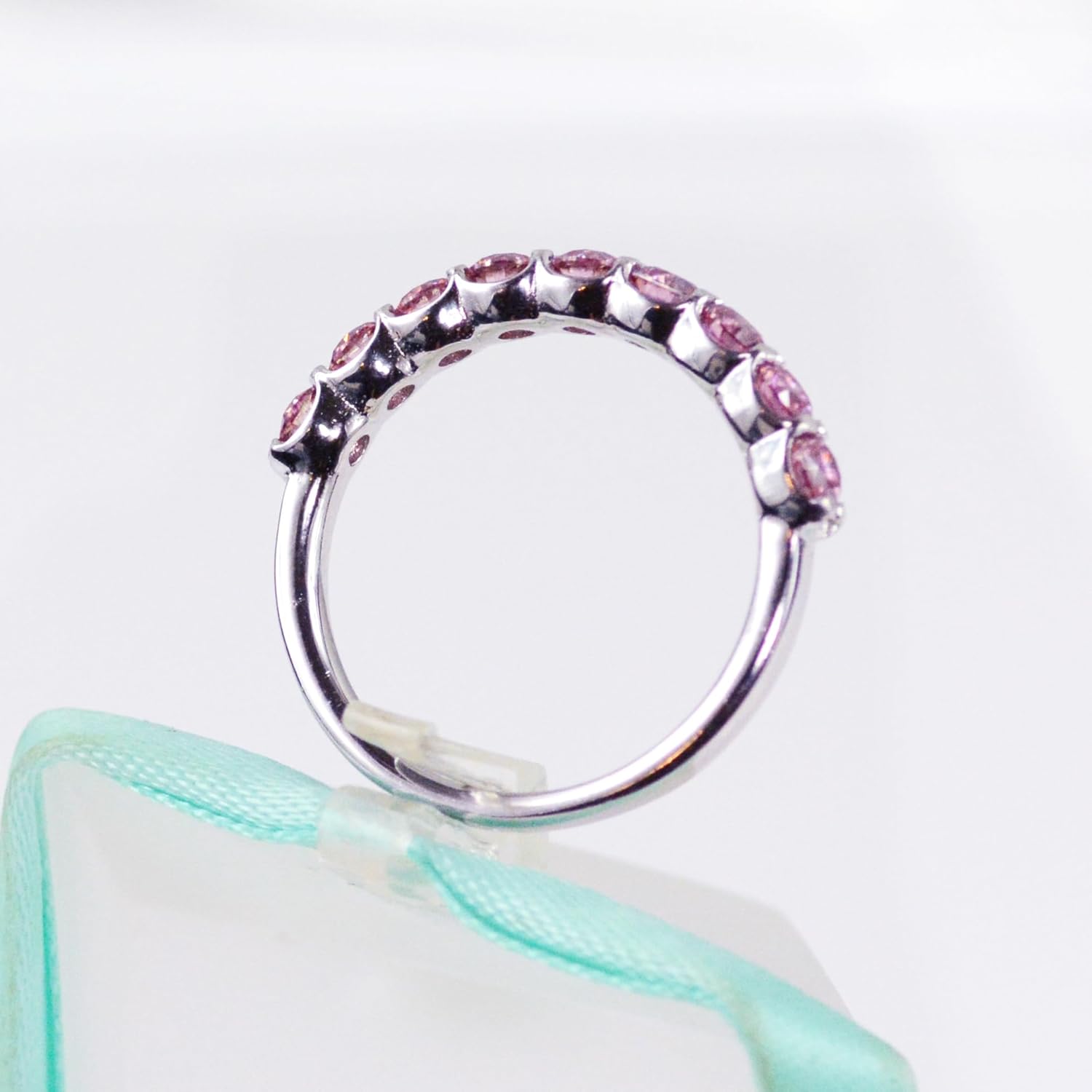 3MM Pink Moissanite Diamond Band, 925 Sterling Silver, 9Stone Ring