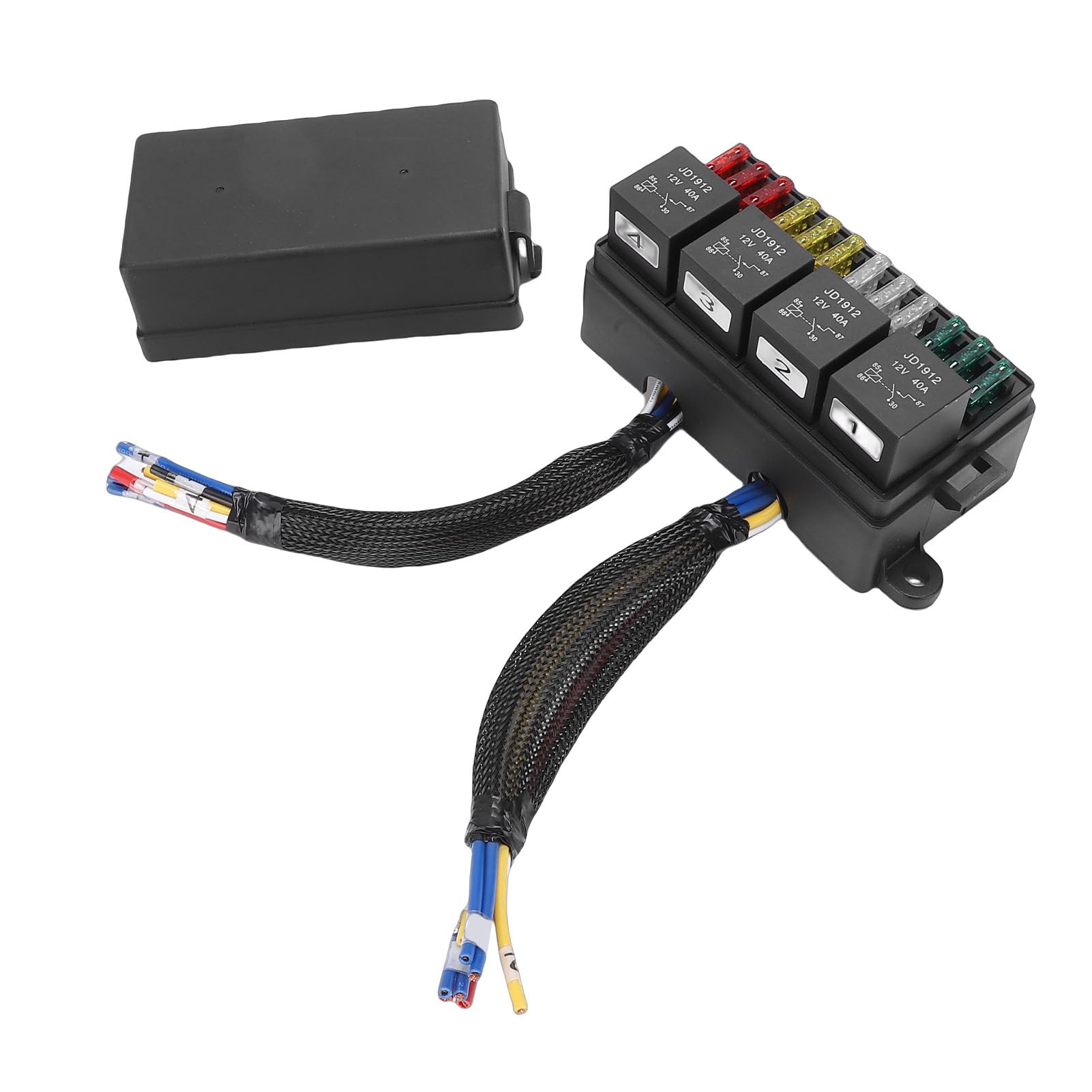 Eujgoov Caja de relé de Fusibles de 12 V, Bloque de Fusibles Automotriz Precableado con 4 Relés y 12 de Cuchilla ATC ATO, Caja de de relé Impermeable para