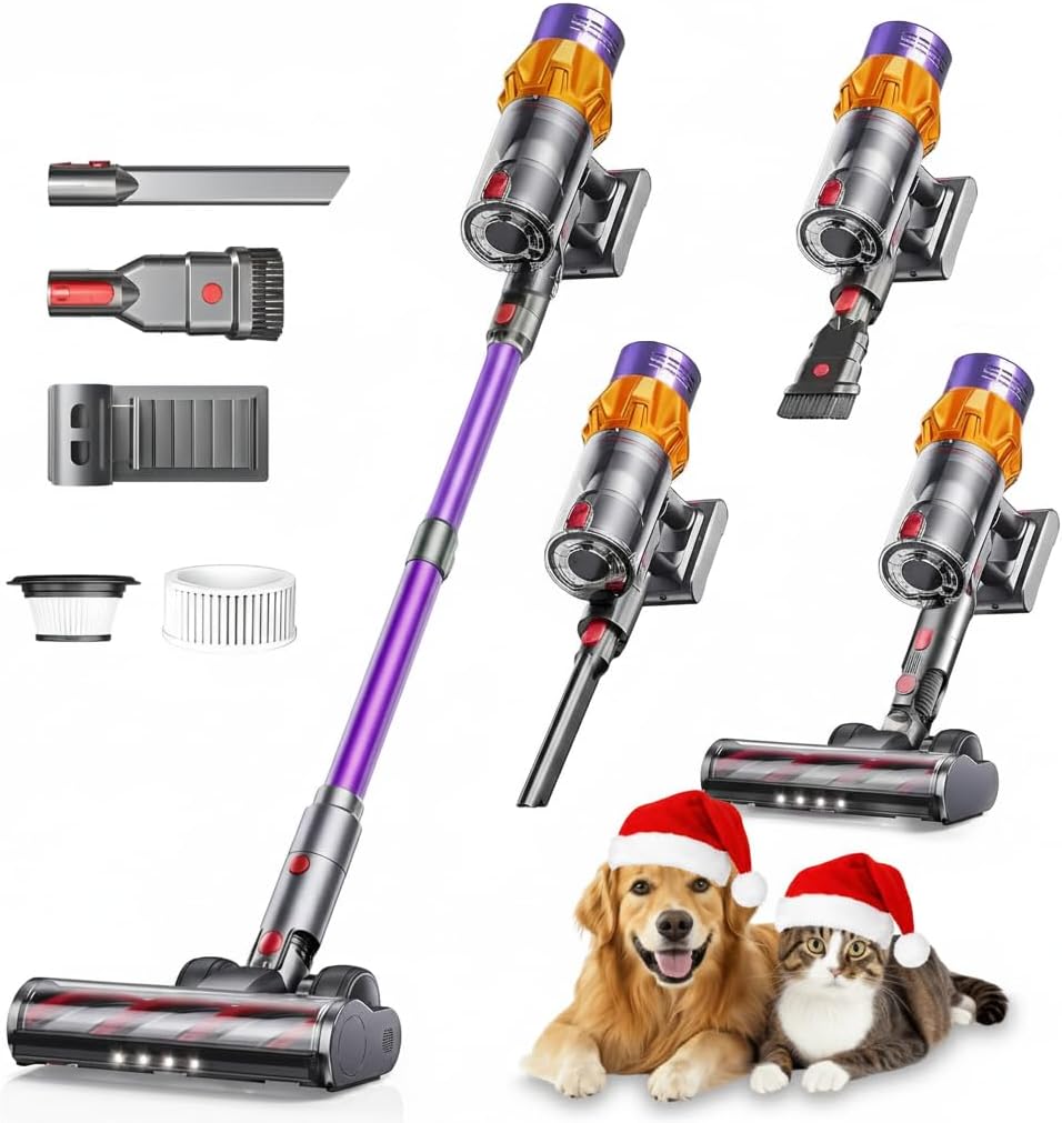 Cordless Vacuum Cleaners-48 KPa/580W with Upto 90Mins Runtime | Stick Vacuum Cleaner with 2 Hepa Filters-Wall Mounted-Touchscreen-Anti-Tangle Brush (Cherry Red)