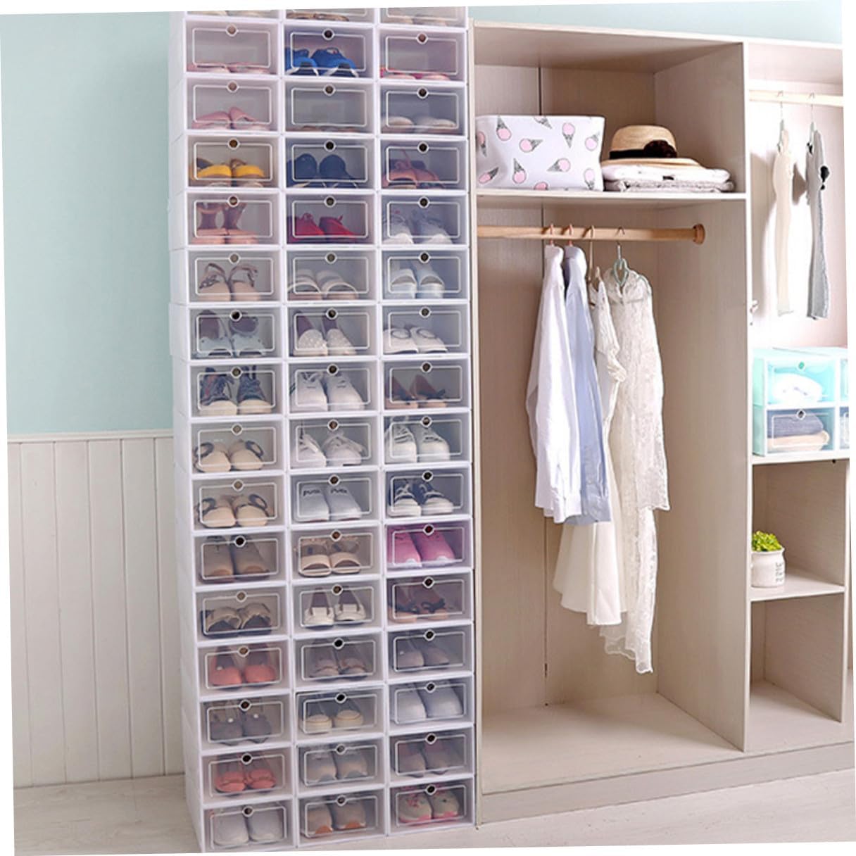 Uonlytech 12pcs Large Plastic Stackable Shoe Storage Boxes with Thickened Design White Shoe Organizers for Closet and Home Storage