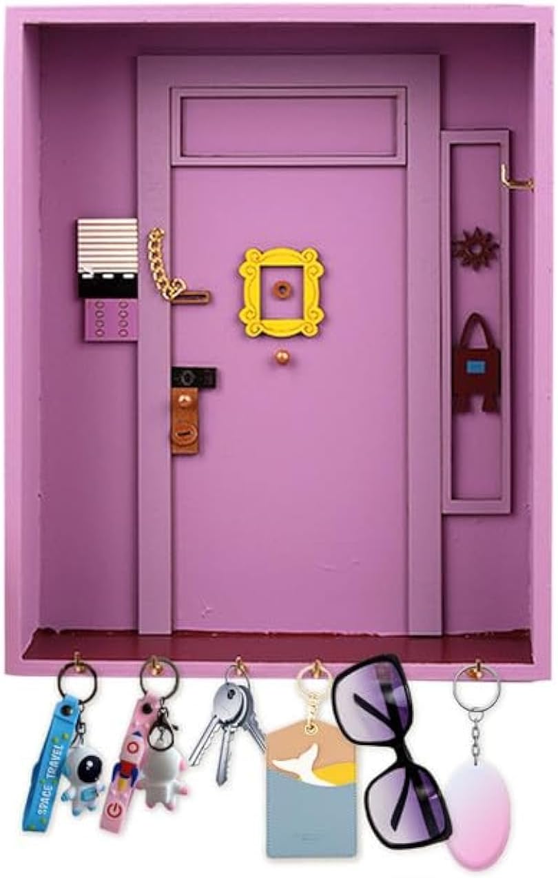 Friends Key Holder, Friends Monica's Door Wall Key Holder Key Hooks Wall Mounted with 6 Hooks Handmade Key Hooks Key Rack Holder Friends Home Decor for Entryway, Bathroom, Living Room, Office(Purple)