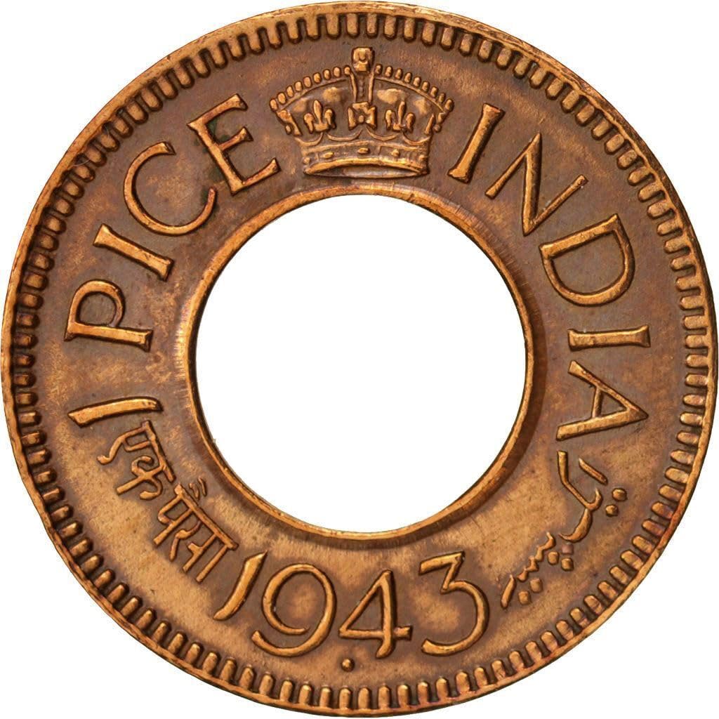1943-1947 1 Pice (1 Paisa). Issued Under British Raj Indian Emperor George VI. 1 Pice Issued And Monetized By The Government Of India. Graded By Seller Circulated Condition