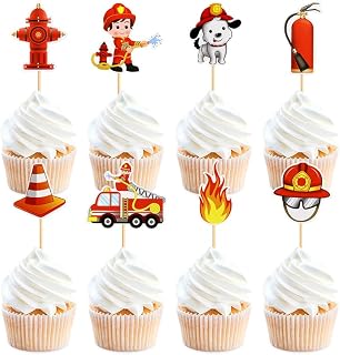 Fire Truck Cupcake Toppers,24 PCS Fire Truck Birthday Decorations,Fire Truck Cake Topper,Firefighter Birthday Party Decorations