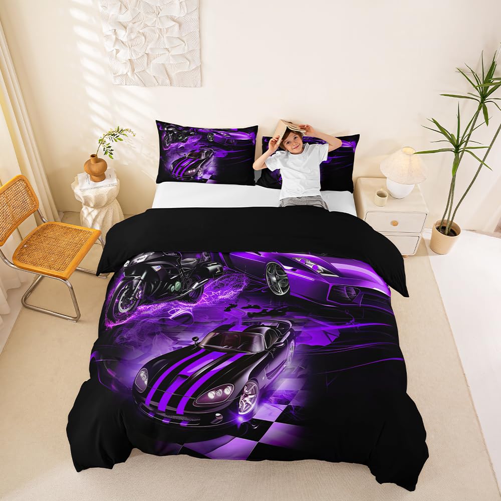 Homemissing Kids Race Car Comforter Cover King Size, Racing Car Bedding Set for Boys Girls Extreme Sports Duvet Cover Automobile Bedspread Cover Breathable Bedclothes Zipper (No Comforter)