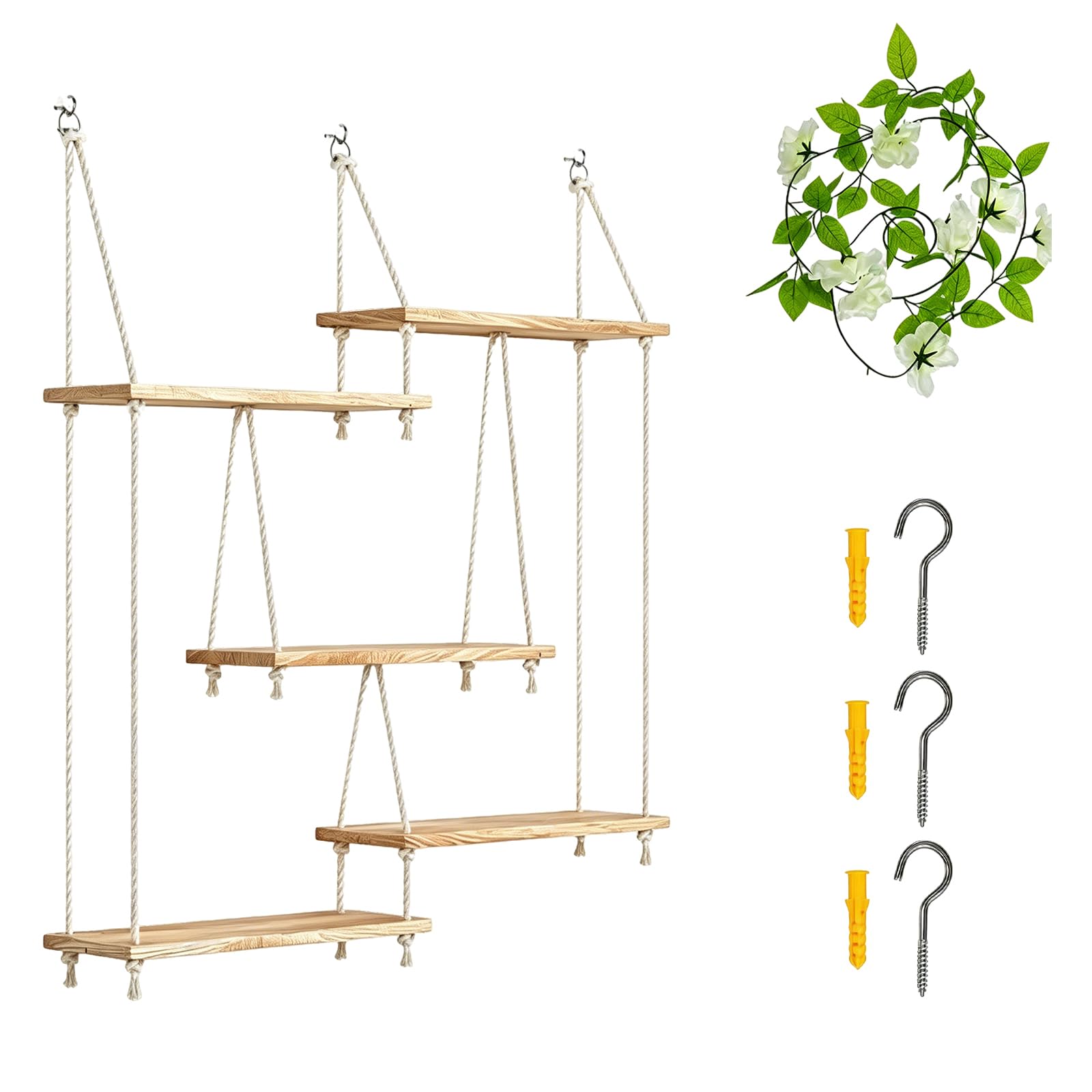 Estantería De Pared De Madera, Estante Flotante De 5 Niveles Colgante | Estilo Bohemio Para Plantas Y Libros Decoración De Macramé Con Guirnalda De Luces De 1,6M Para Sala De Estar Dormitorio