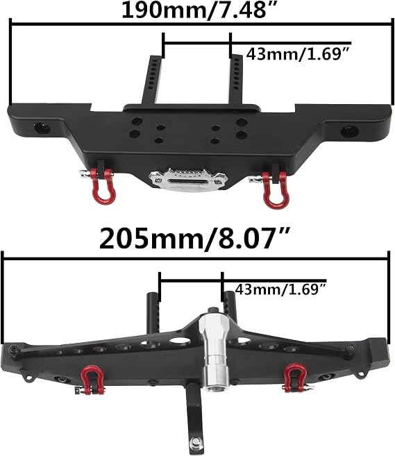 RC Front Bumper & Rear Bumper with LED Lights Headlights Tow Hook Spare Tire Carrier Compatible with Axial SCX10 Traxxas TRX4 90046 90047 SCX10-iii AX10300 1/10 RC Crawler Car