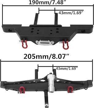 RC Front Bumper & Rear Bumper with LED Lights Headlights Tow Hook Spare Tire Carrier Compatible with Axial SCX10 Traxxas TRX4 90046 90047 SCX10-iii AX10300 1/10 RC Crawler Car