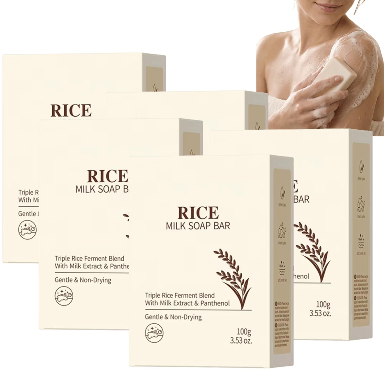 Barre de savon au lait de riz - barre hydratante naturelle pour le visage et le corps, barre de savon hydratante pour les peaux sensibles, barre de lavage doux pour le visage pour femmes (5PCS)