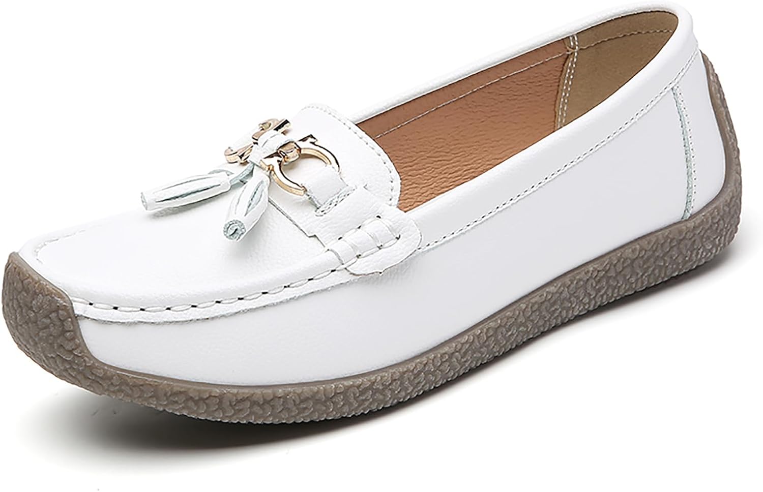 Women's Faux Leather Flat Loafers Classic Casual Comfort Slip-On Shoes Soft Sole Dress Shoes(White,Size 8)