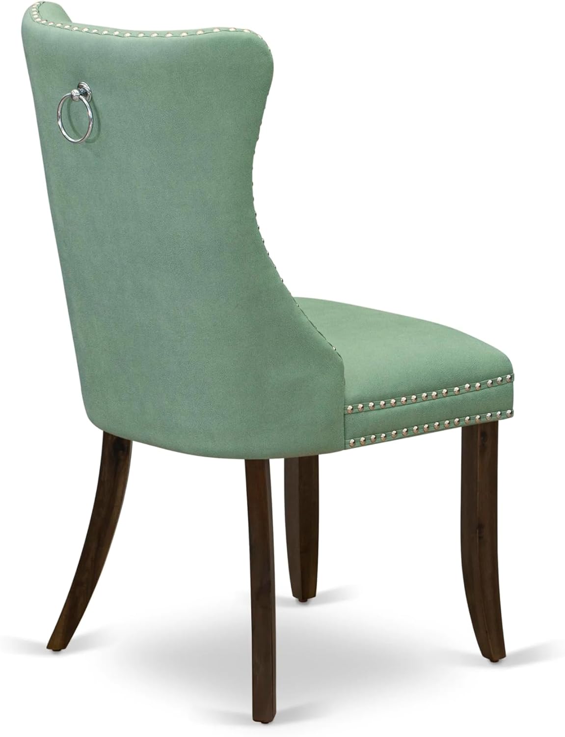 East West Furniture DAP8F22 Dallas Parson Dining Room Chairs - Button Tufted Nailhead Willow Green Faux Leather Padded Chairs, Set of 2, Antique Walnut