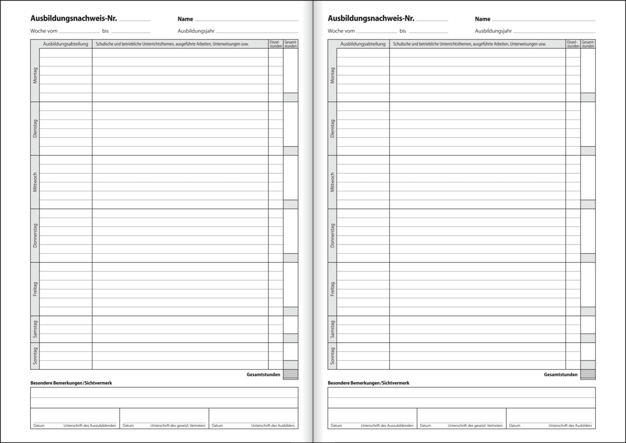 SIGEL AW480/5 Ausbildungsnachweisheft/Berichtsheft für tägliche Eintragungen, 5 Stück, DIN A4, 28 Blatt / 56 Seiten, 1 Woche im Überblick auf 1 Seite, ausreichend für 1 Jahr