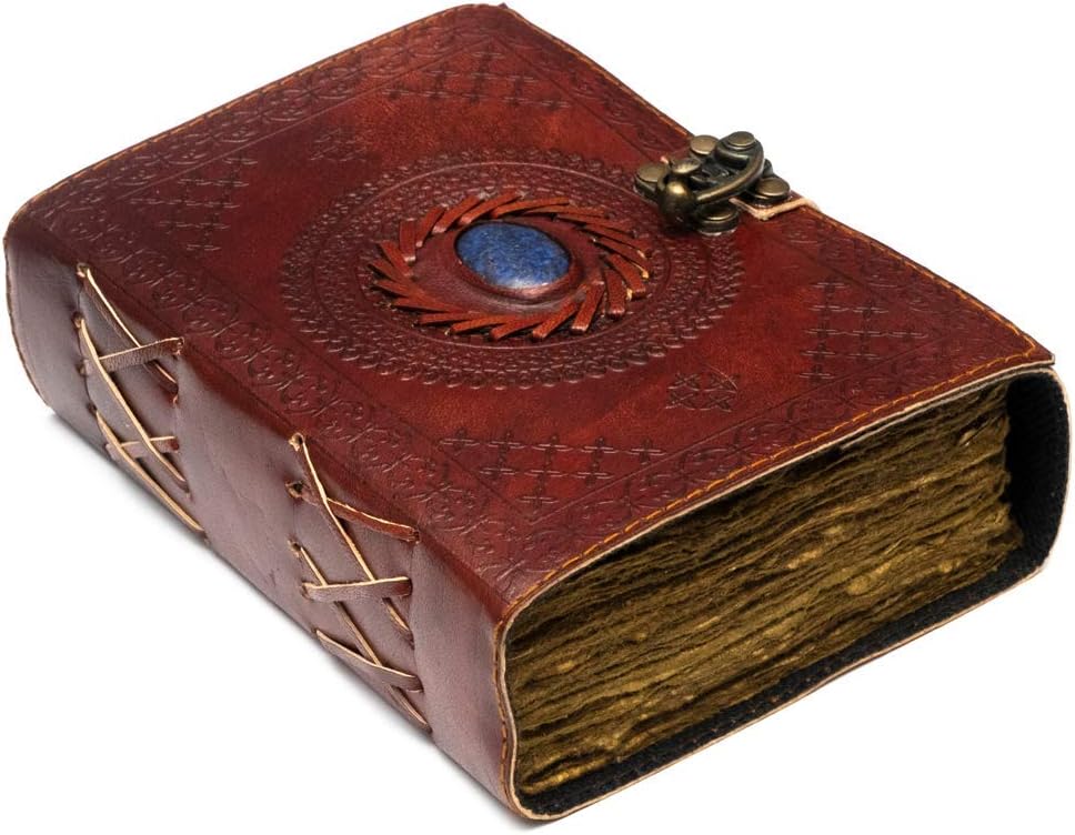 Vintage Leather Journal with Semi Precious Stone - Lock Closure, 240 pages Antique Deckle Edge Paper - Book of Shadows, Grimoire Journal, Witch Journal for Men and Women - 7" x 5"