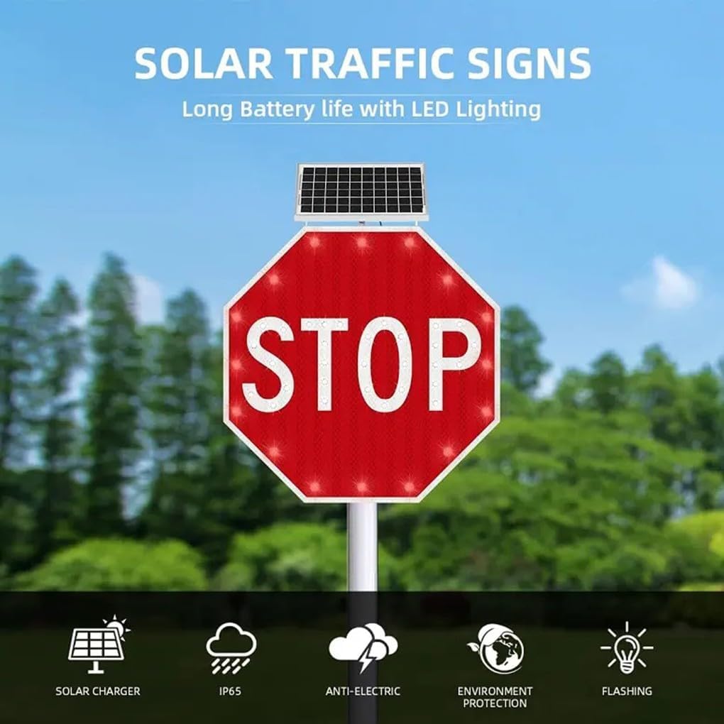Solar Stop Sign - 24" LED Traffic Sign for Road Safety, Solar-Powered, IP65 Waterproof, Illuminated with Engineer Grade Reflective Sheeting, Durable & Highly Visible