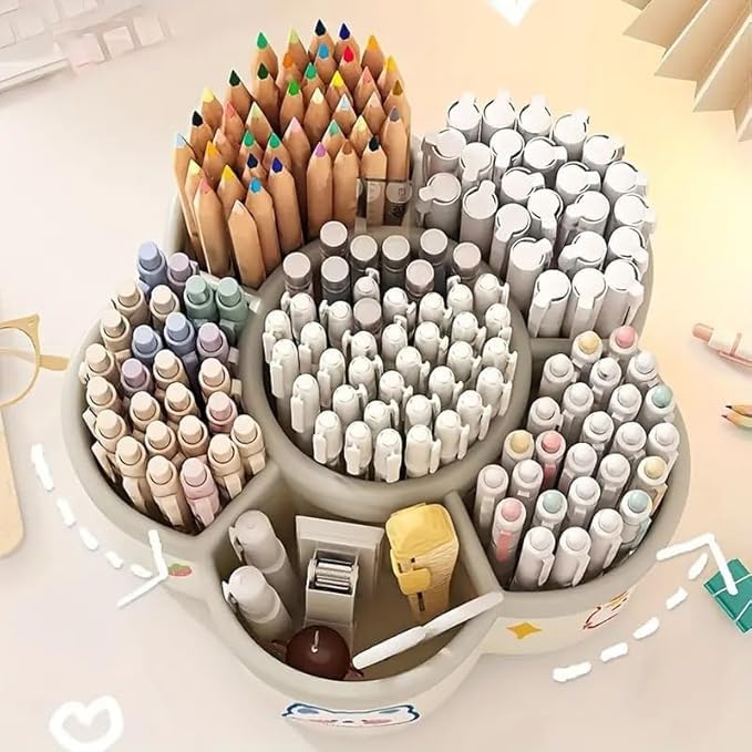 Image of 360 Rotating Pen & Makeup Brush Holder Organizer with 6 Compartments, Minimalist Plastic Storage Box, Vibrant Color Family, Stationary, Multicolor