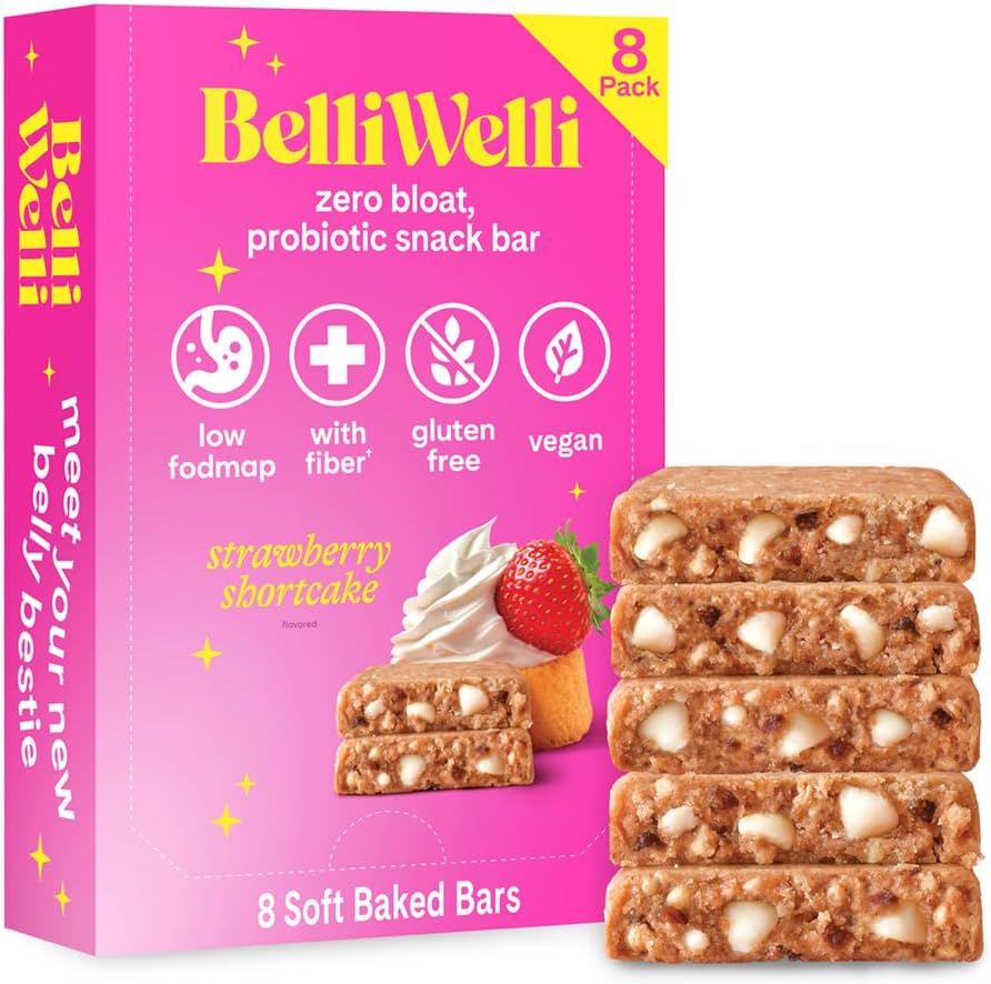 Belliwelli Soft Baked Probiotic Snack Bars | Gluten-Free, Dairy-Free, Vegan, Low-FODMAP | High-Fiber, Healthy & Tasty | Strawberry Shortcake (8 Pack)