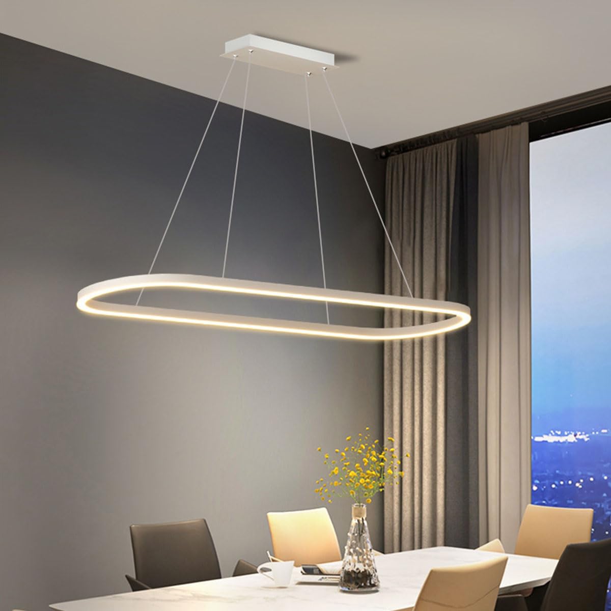 Aleaty LED Dining Table Pendant Lamp Modern ‎Oval Desig Office Pendant Lamp Dimmable with Remote Control Pendant Lamp Height Adjustable Ceiling Lamp for Office Dining Lighting (White, L120cm)