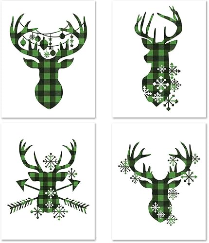 Miss Kate Cuttables Impresiones de 8 x 10 pulgadas Siluetas de cabeza de reno a cuadros de búfalo verde y negro Arte de decoración navideña para