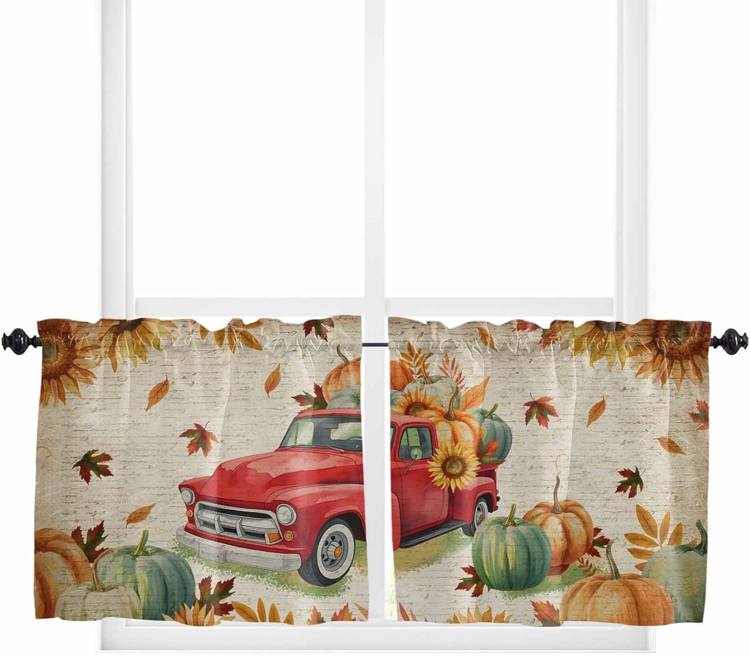 Red Truck Fall Kitchen Curtains, Pumpkins Thanksgiving Sunflower Retro Botanical Light Filtering Window Curtain, 2Pcs Rod Pocket Window Treatments Set for Living Room Bathroom Bedroom 42x63 Inches