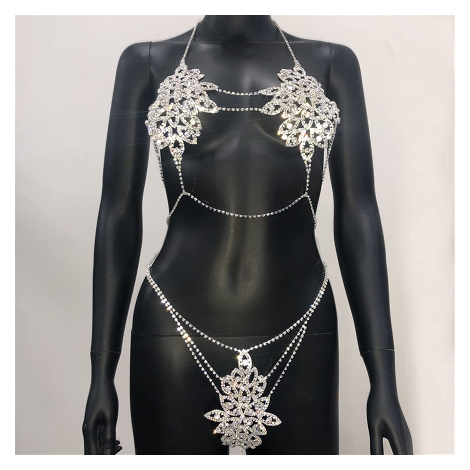 Körperkette Kristall Körperkette Bikini Harness Jewlery for Frauen Strass Kette BH Unterwäsche Set Hohlschmuck (Hauptsteinfarbe: Silber, Farbe: Goldfarbe)