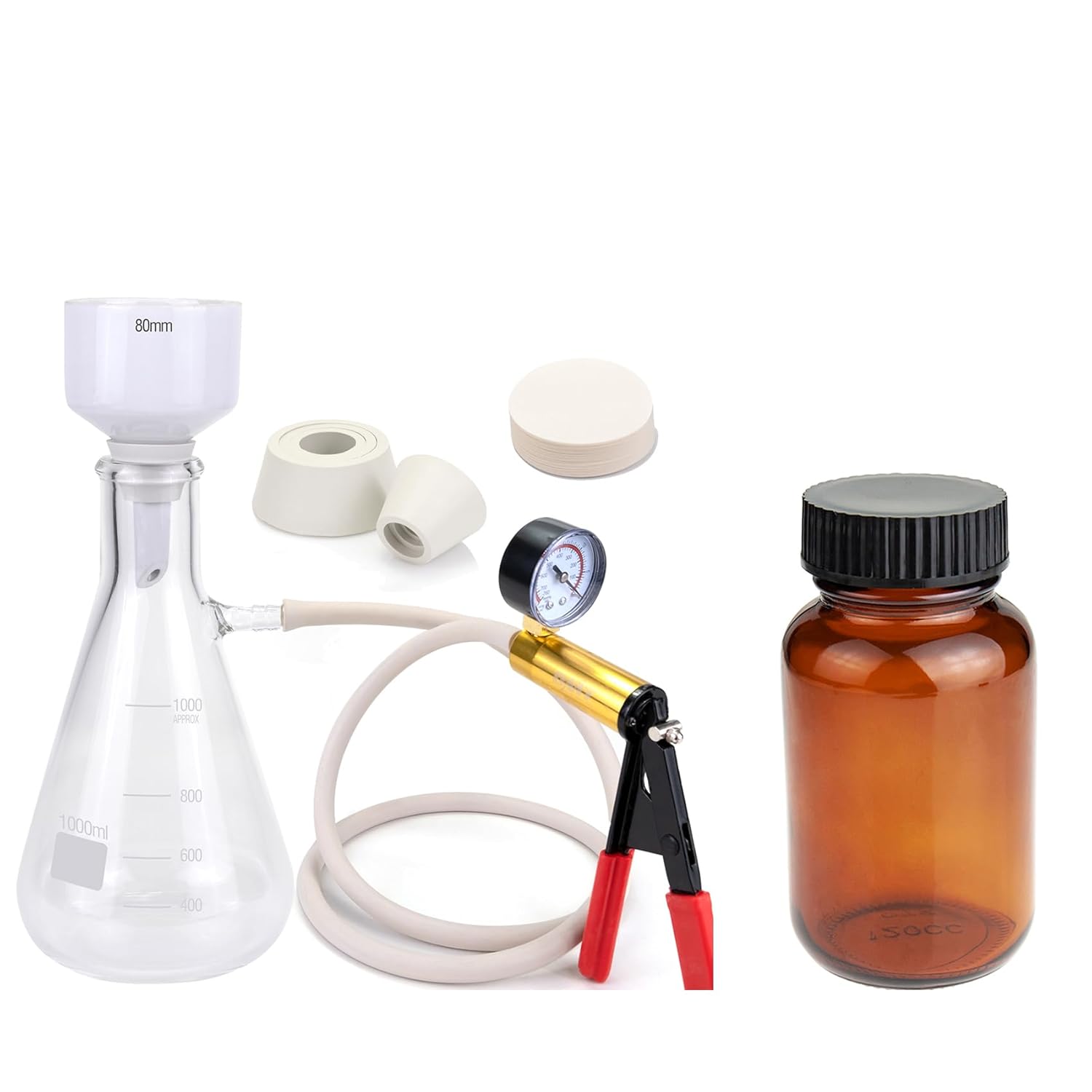 1000ml Burchner Vacuum Filtration and 120 ml 4 oz Amber Glass Wide Mouth Packer Bottle