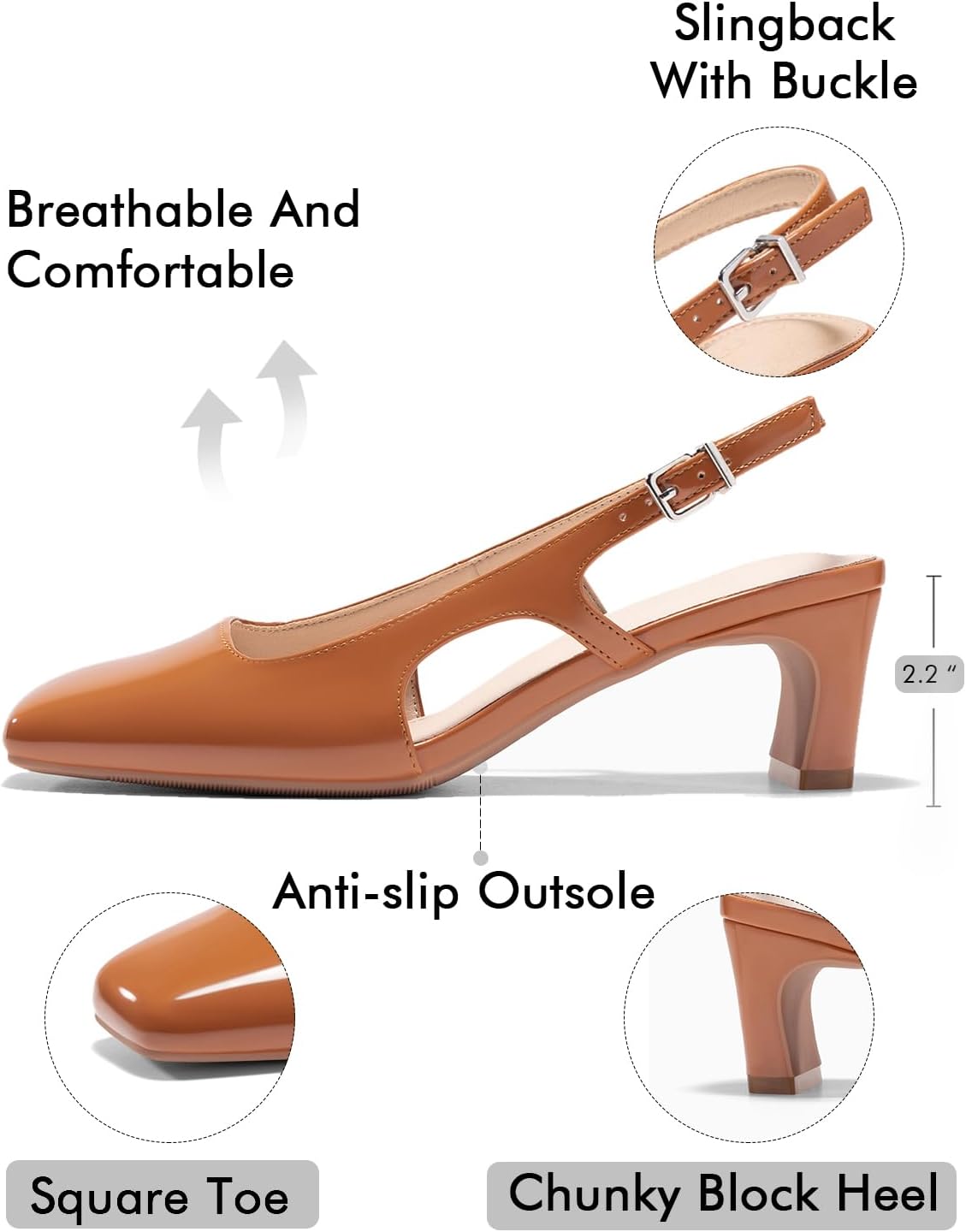 Coutgo Womens Slingback Chunky Low Heels Closed Square Toe Pumps Wedding Party Dress Shoes - Image 5