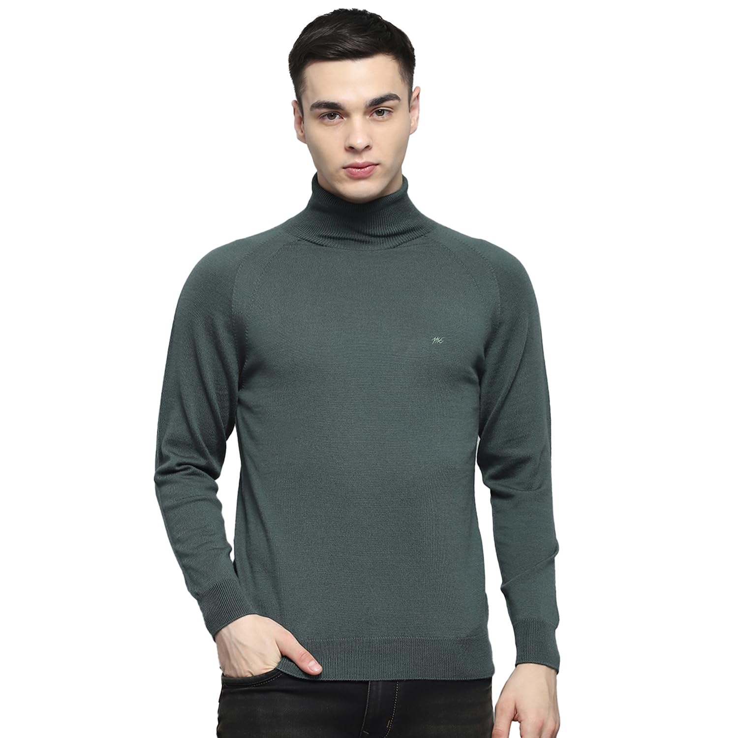 Mens Solid Olive High Neck Full Sleeve Pullover