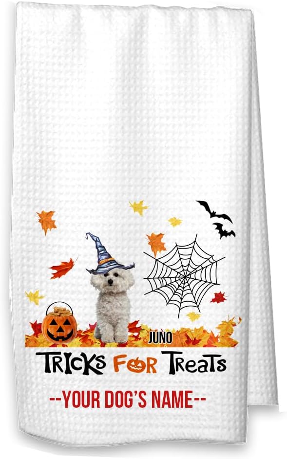 Studio 9Thirty3 Personalized Bichon Frise Halloween Kitchen Towel – “Tricks for Treats” Custom Dog Name Dish Towel – Microfiber Dog Lover Gift – Printed in USA (Bichon Frise Personalized)
