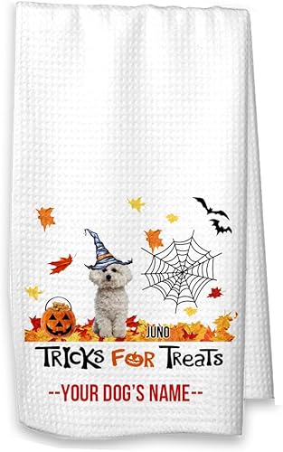 Miniatura 5 de Tricks for Treats Bichon Frise Halloween Kitchen Waffle Towel, Fall Bichon Pet Decor (White Towel, Bichon no Name)