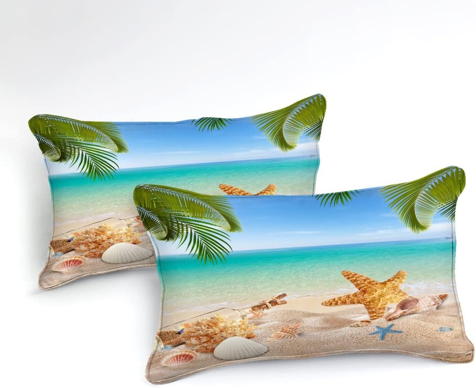 MOVE OVER Beach Themed Bedding Set Queen Blue Ocean Comforter Set Soft and Lightweight Hawaii Scenery Design Seashell Print Bedding Set 4 Pcs Tropical Beach Comforter Set for Bedroom