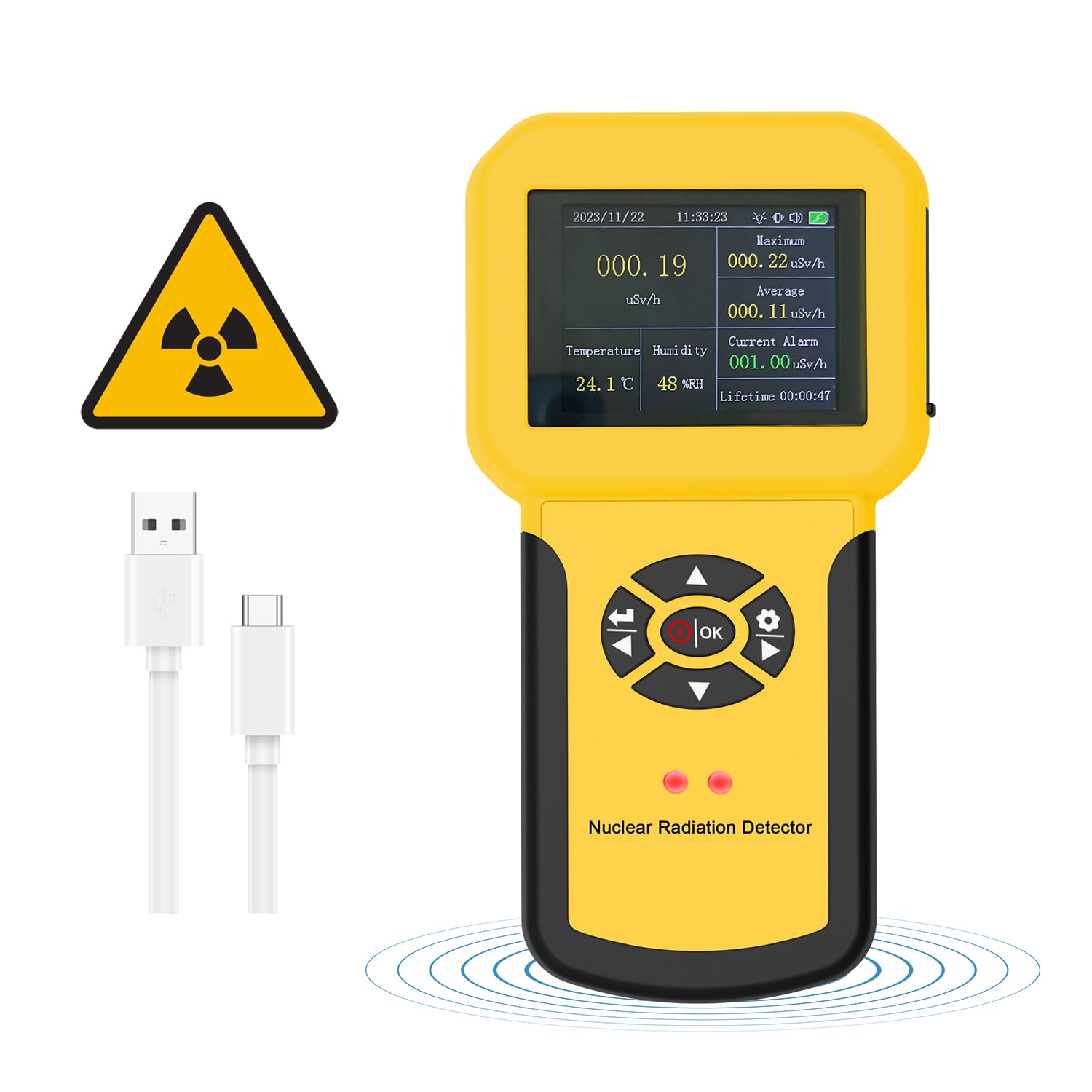 LYCEBELL 886A Geiger Counter showing key features like Geiger Miller tubes, 5 dosage units, 3 alarm modes, lithium battery charging, alarm value setting, nuclear radiation detection, and LCD display.