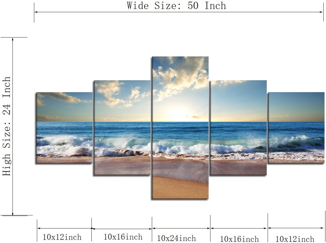 Beach Ocean Wave Pictures Wall Art for Living Room Home Decor Framed Stretched Modern Landscape Seascape Painting on Canvas 5 Piece (50" W x 24" H) - Image 5