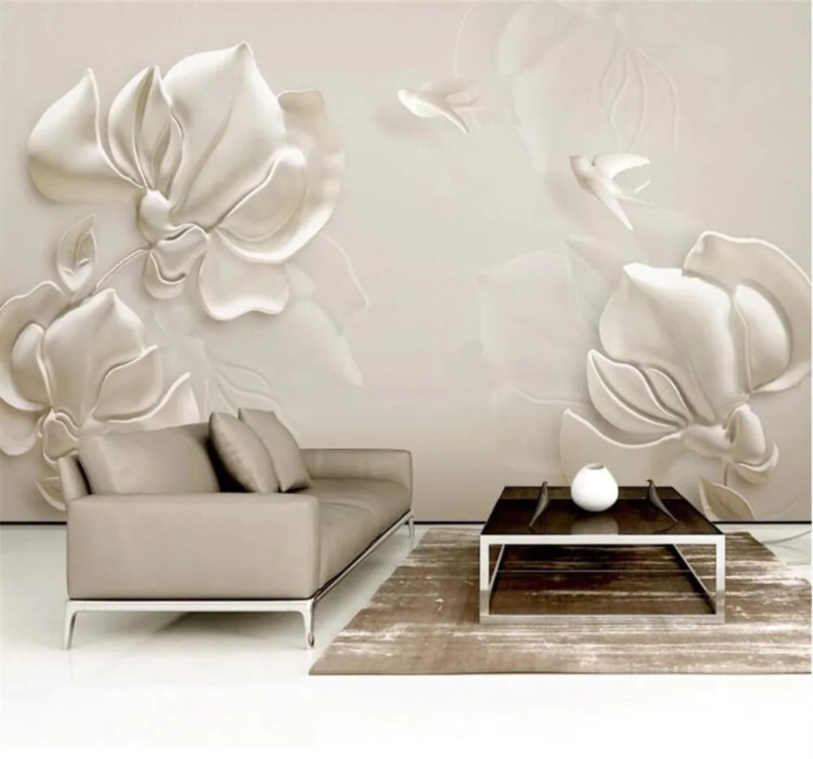 Tzxztt Minimalist Plaster Relief Magnolia Birds Modern 3D Wallpaper Premium Textured Silk Neutral Tones Material Ideal for Living Room Bedroom-250cm×170cm