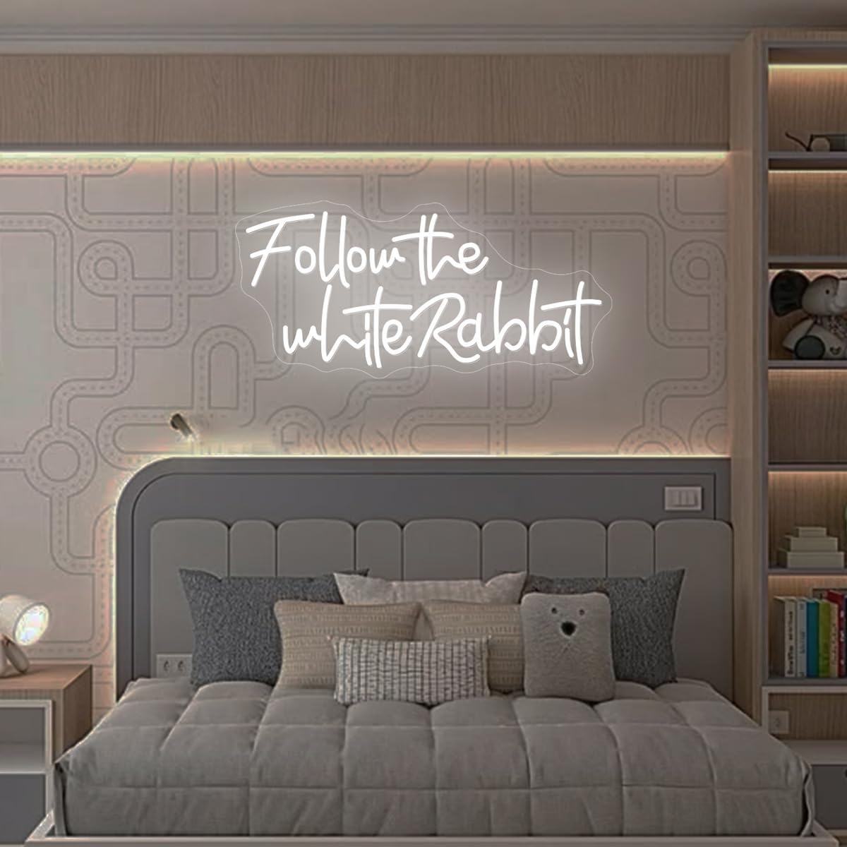 Follow the White Rabbit Neon Sign Neon Sign Big for Wall Decor, Dimmable Led Business Neon Lights Signs, Display Sign for Salon, Shop, Store, Office, Bedroom, 21x9.8"，Cool White